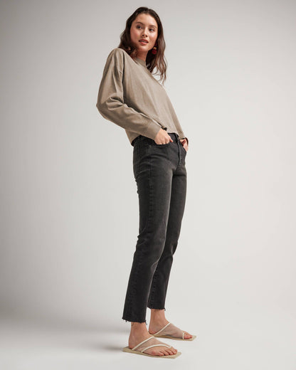 Womens Relaxed Crop Long Sleeve Tee - Pigment Dye Jersey - Warm Grey