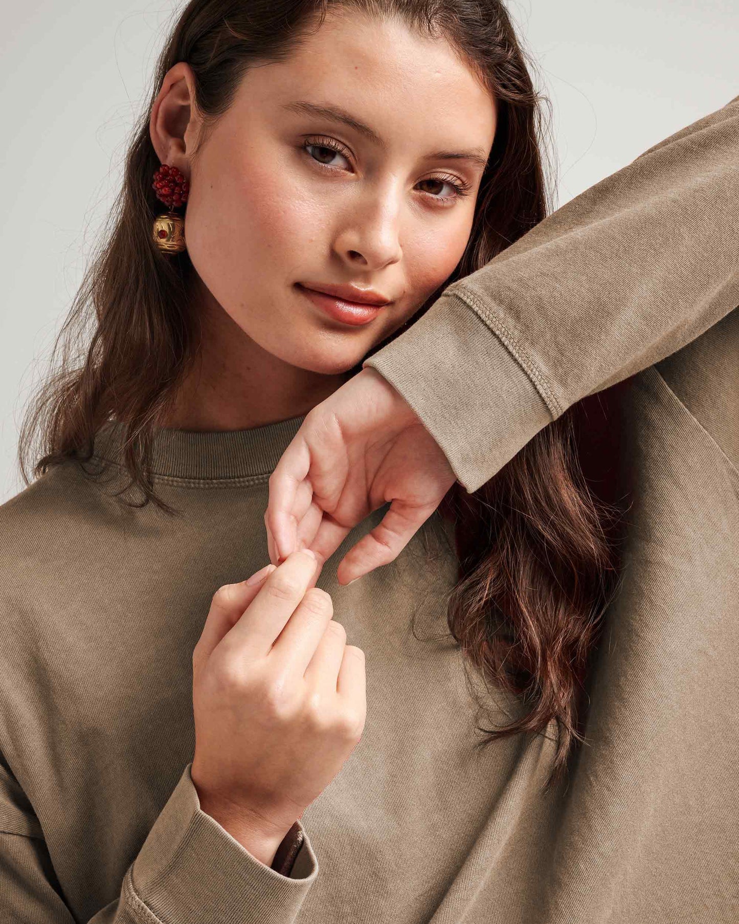 Womens Relaxed Crop Long Sleeve Tee - Pigment Dye Jersey - Warm Grey