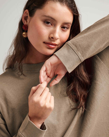 Womens Relaxed Crop Long Sleeve Tee - Pigment Dye Jersey - Warm Grey