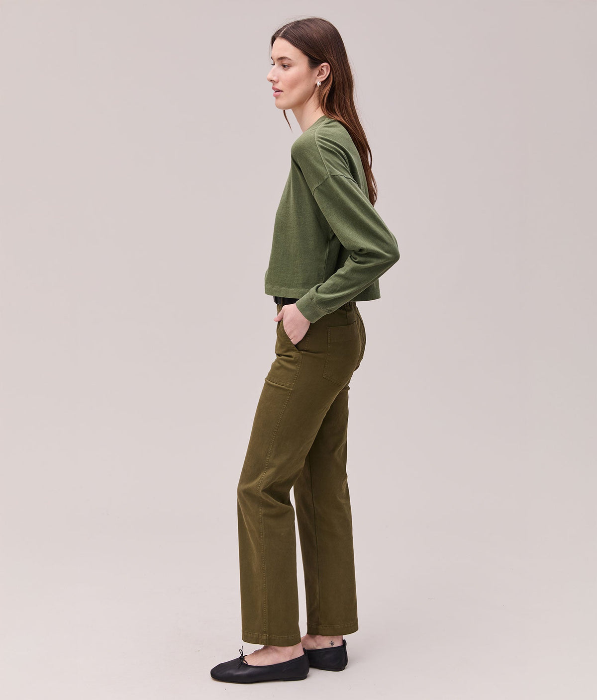 Womens Relaxed Crop Long Sleeve Tee - Pigment Dye Jersey - Cypress