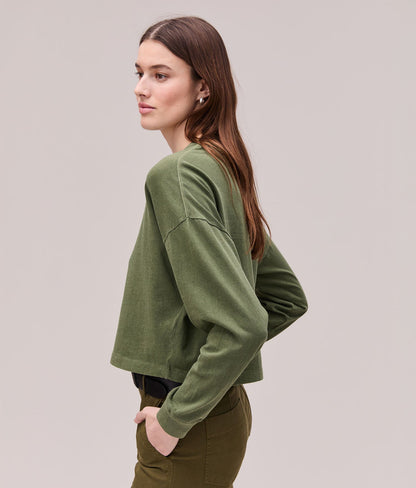Womens Relaxed Crop Long Sleeve Tee - Pigment Dye Jersey - Cypress
