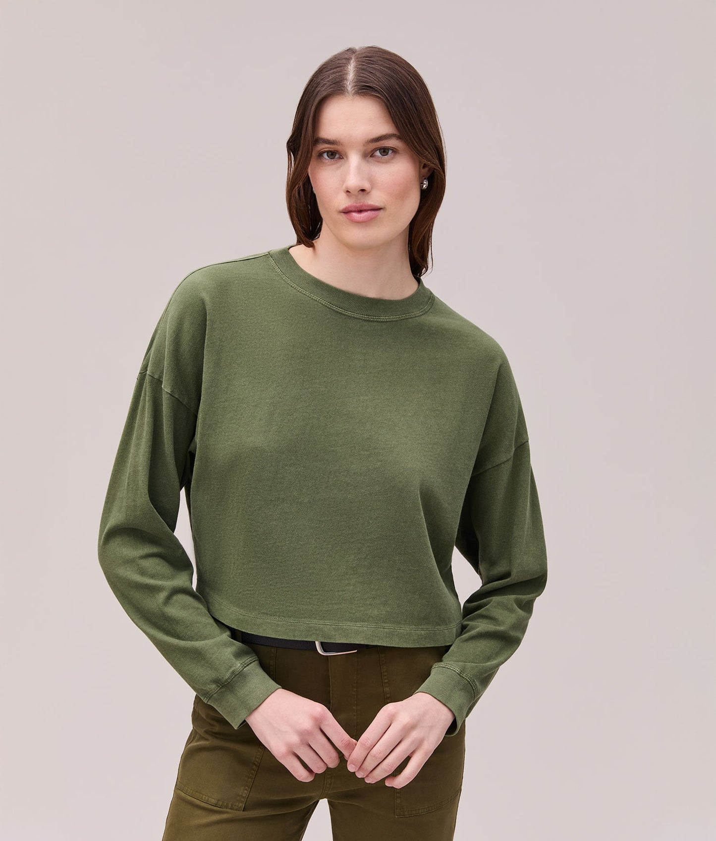 Womens Relaxed Crop Long Sleeve Tee - Pigment Dye Jersey - Cypress
