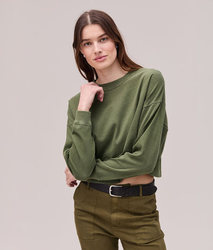 Womens Relaxed Crop Long Sleeve Tee - Pigment Dye Jersey - Cypress