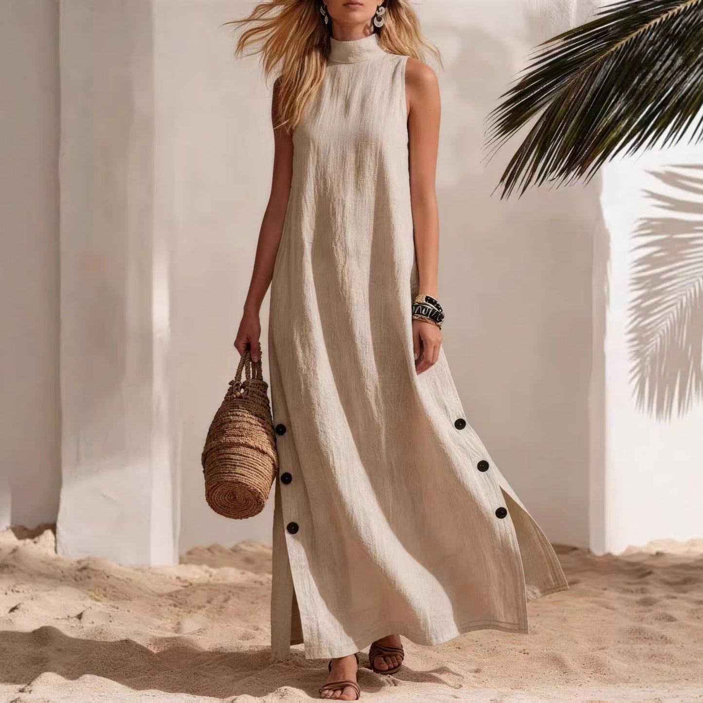 Cotton Linen Sleeveless Midi Dress – Side Slits & Loose Fit