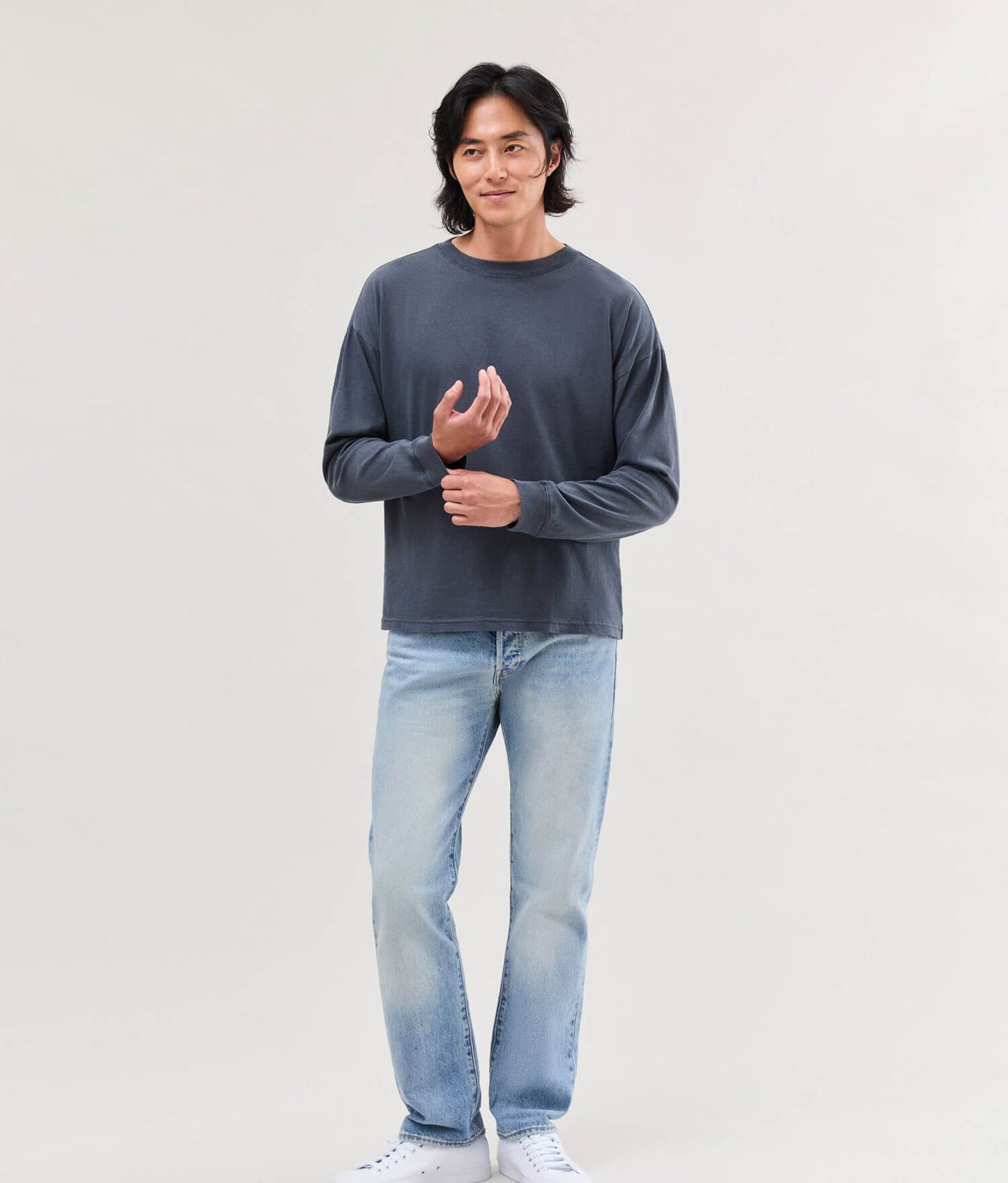 Mens Relaxed Long Sleeve Tee - Pigment Dye Jersey - Blue Steel