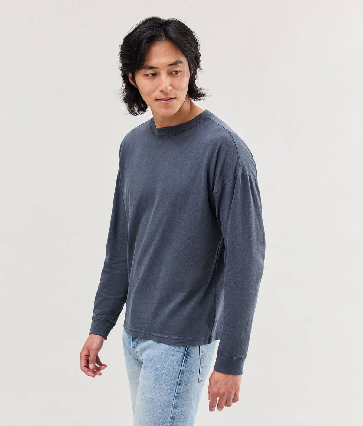 Mens Relaxed Long Sleeve Tee - Pigment Dye Jersey - Blue Steel