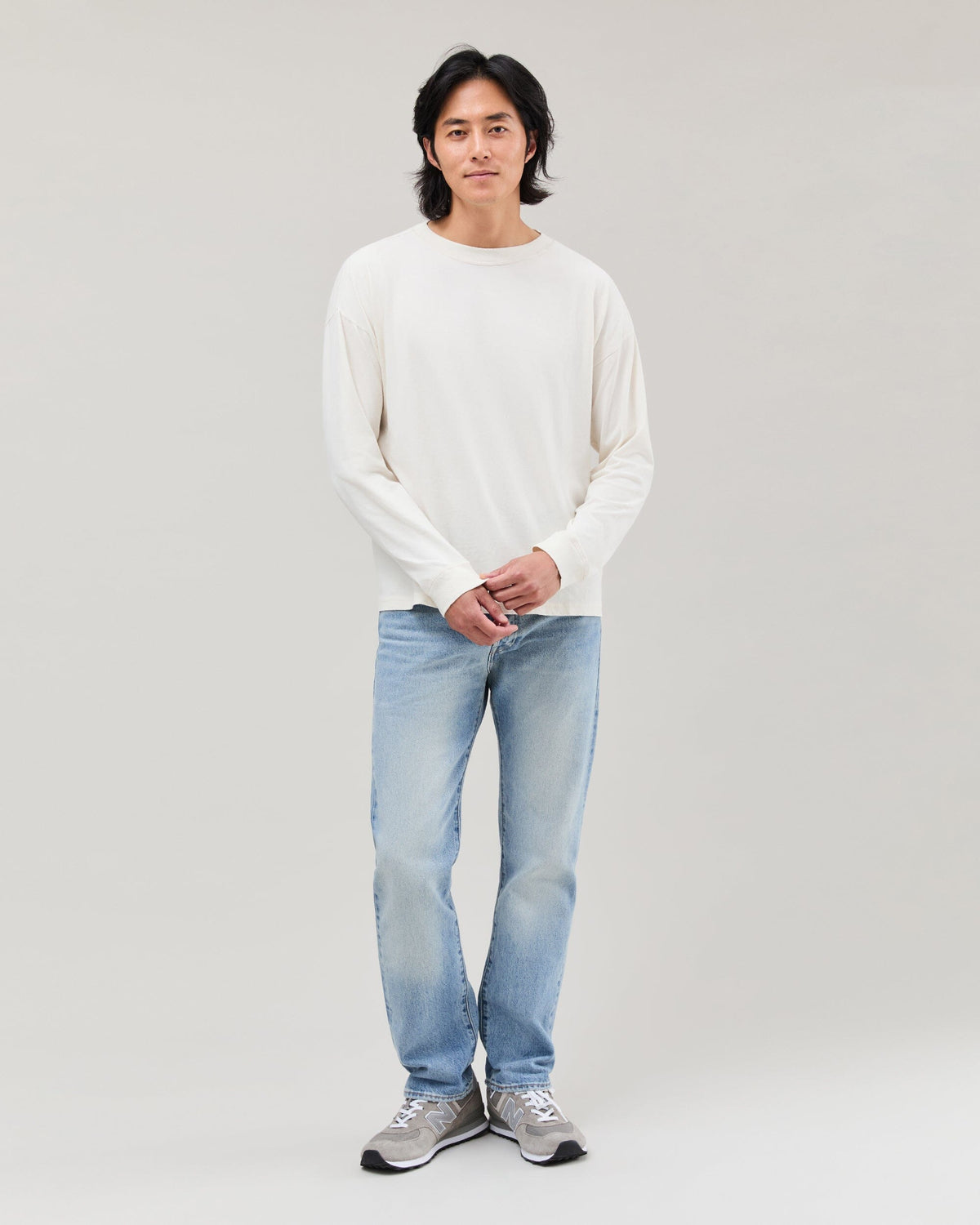 Mens Relaxed Long Sleeve Tee - Pigment Dye Jersey - Bone