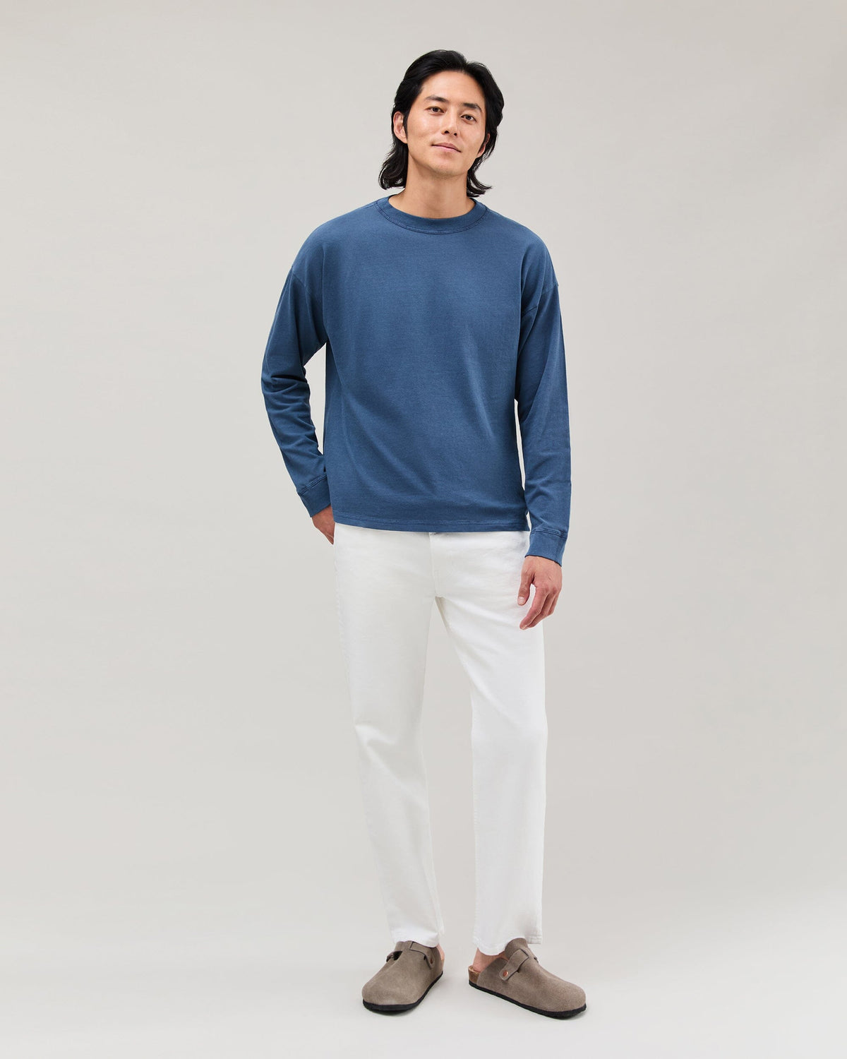 Mens Relaxed Long Sleeve Tee - Pigment Dye Jersey - Moonlit Ocean