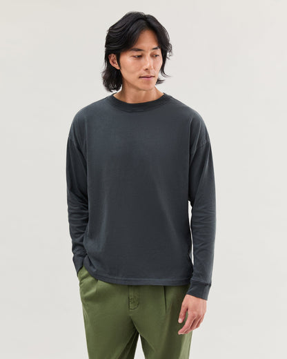 Mens Relaxed Long Sleeve Tee - Pigment Dye Jersey - Stretch Limo