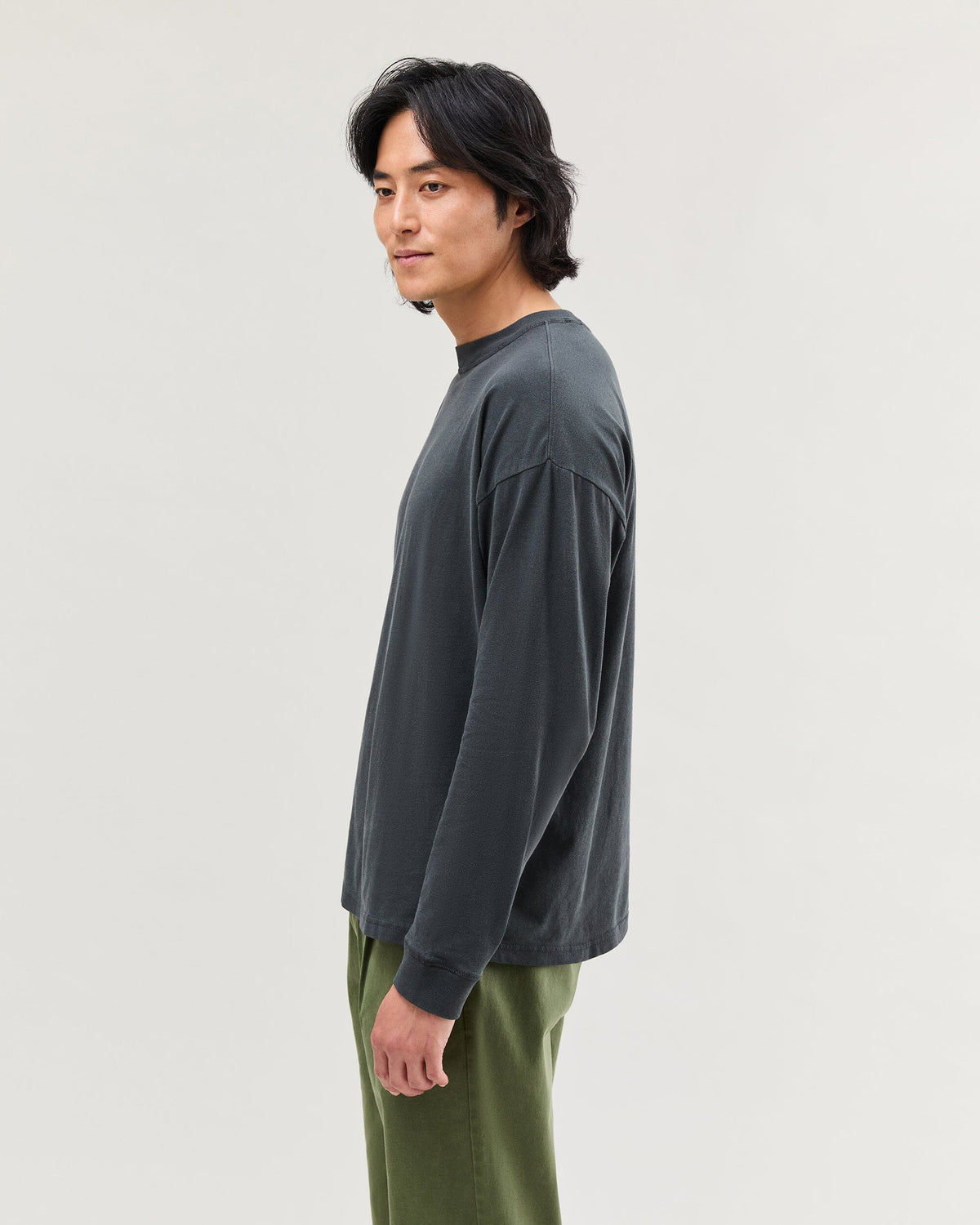 Mens Relaxed Long Sleeve Tee - Pigment Dye Jersey - Stretch Limo