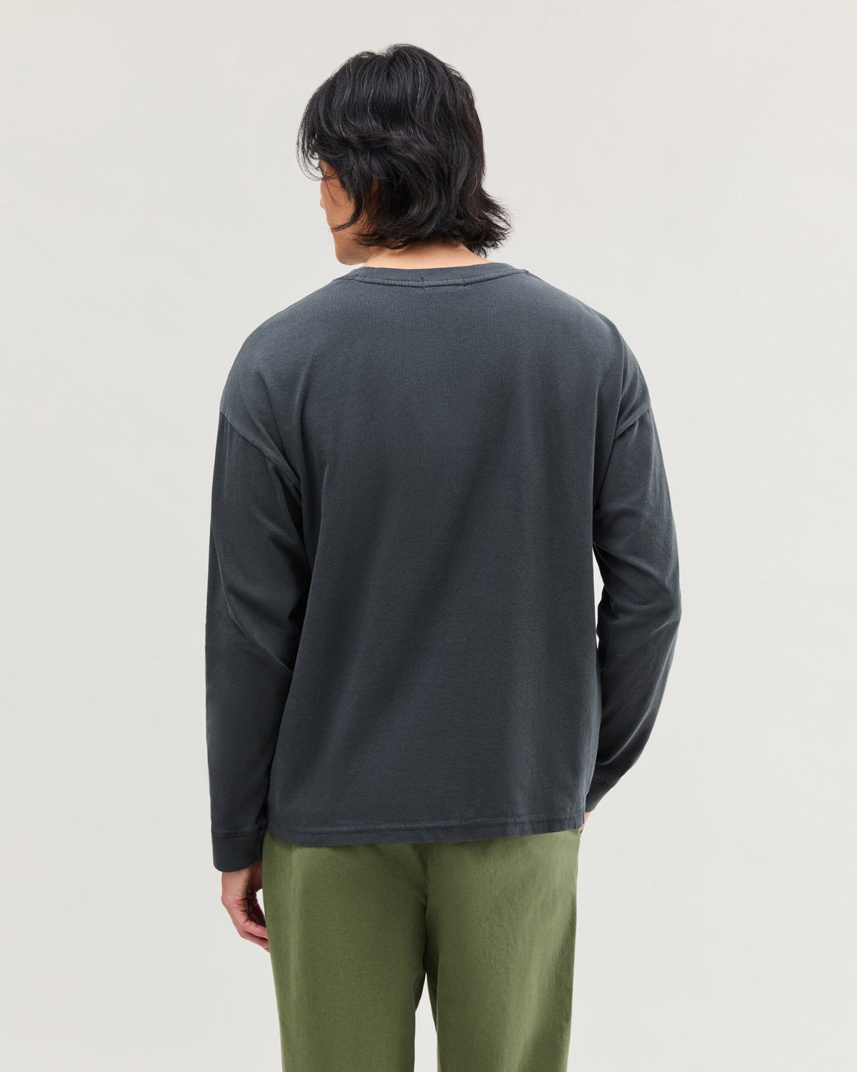 Mens Relaxed Long Sleeve Tee - Pigment Dye Jersey - Stretch Limo