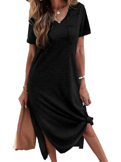 Casual Short Sleeve V Neck Maxi Dresses Loose Side Slit Long Tshirt Dress with Pocket