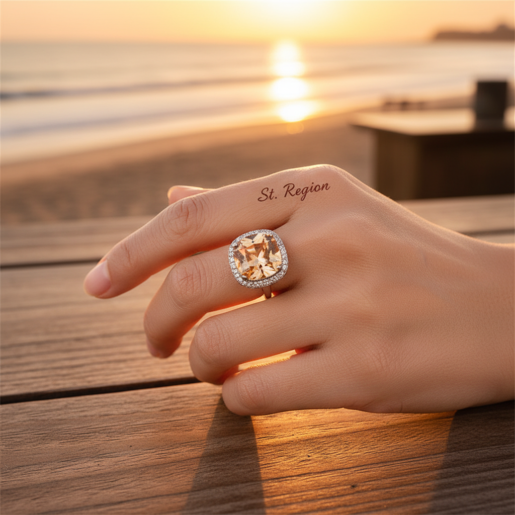 Champagne Crystal & Cubic Zirconia Halo Cushion-Cut Ring