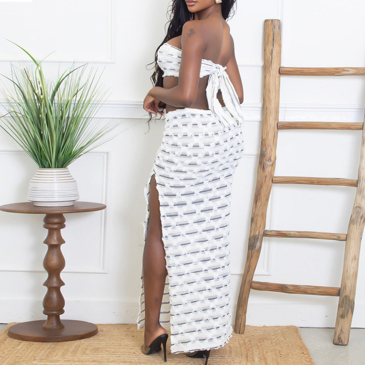 Open navel strap three-dimensional decorative skirt set for women