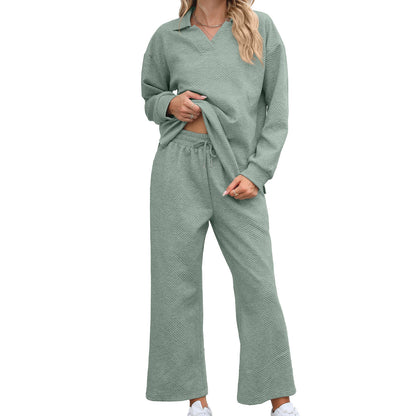 Solid Color Turn-down Collar Long Sleeve Hoodie with Elastic Waist Pants Set