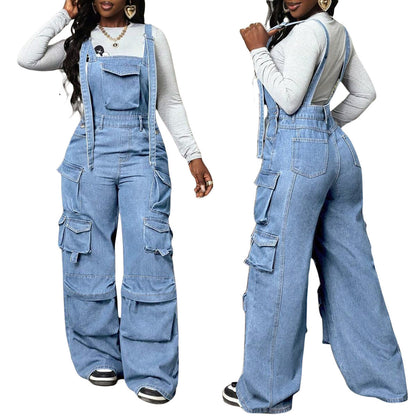 Wide leg denim loose overalls
