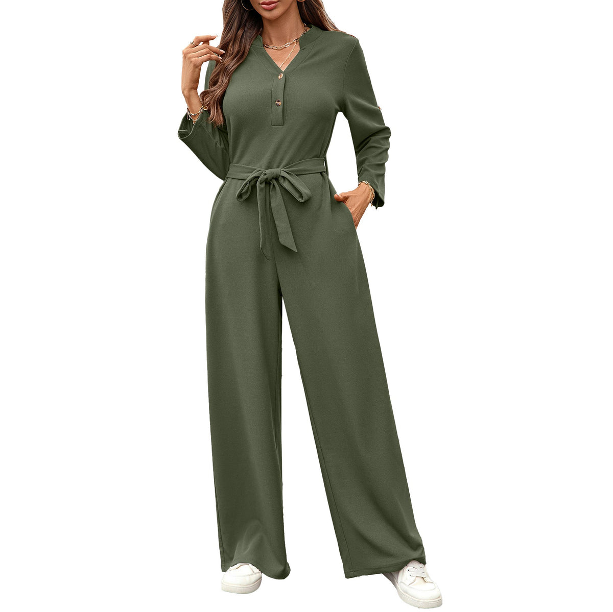 Solid color high waisted button up long sleeved loose jumpsuit