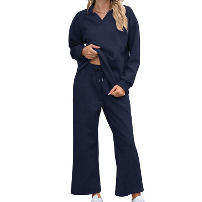 Solid Color Turn-down Collar Long Sleeve Hoodie with Elastic Waist Pants Set