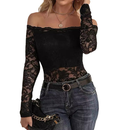 Elegant Fan-Edge Off-Shoulder Lace Fitted Slimming Long Sleeve Top