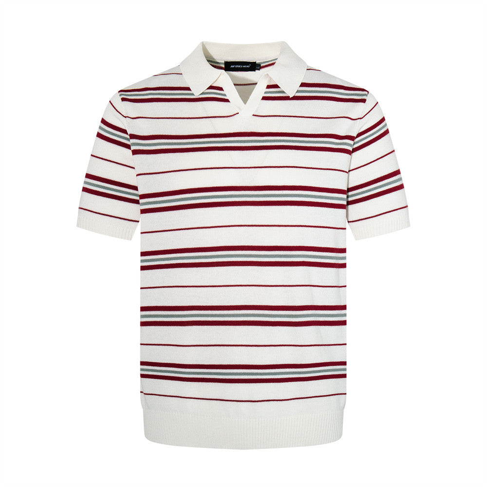 Striped short sleeved V-neck polo shirt