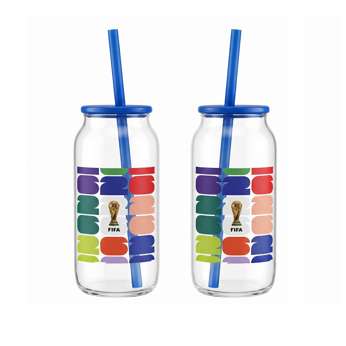 FIFA World Cup Trophy Set of 2 Glass Sippers with Lid and Straw