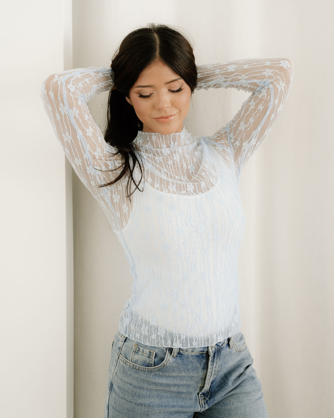 Claire Floral Lace Long Sleeve Slim Fit Top - Blue