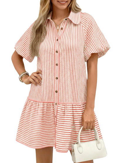 Women's Sweet Striped Lapel Puff Sleeve Midi Dress