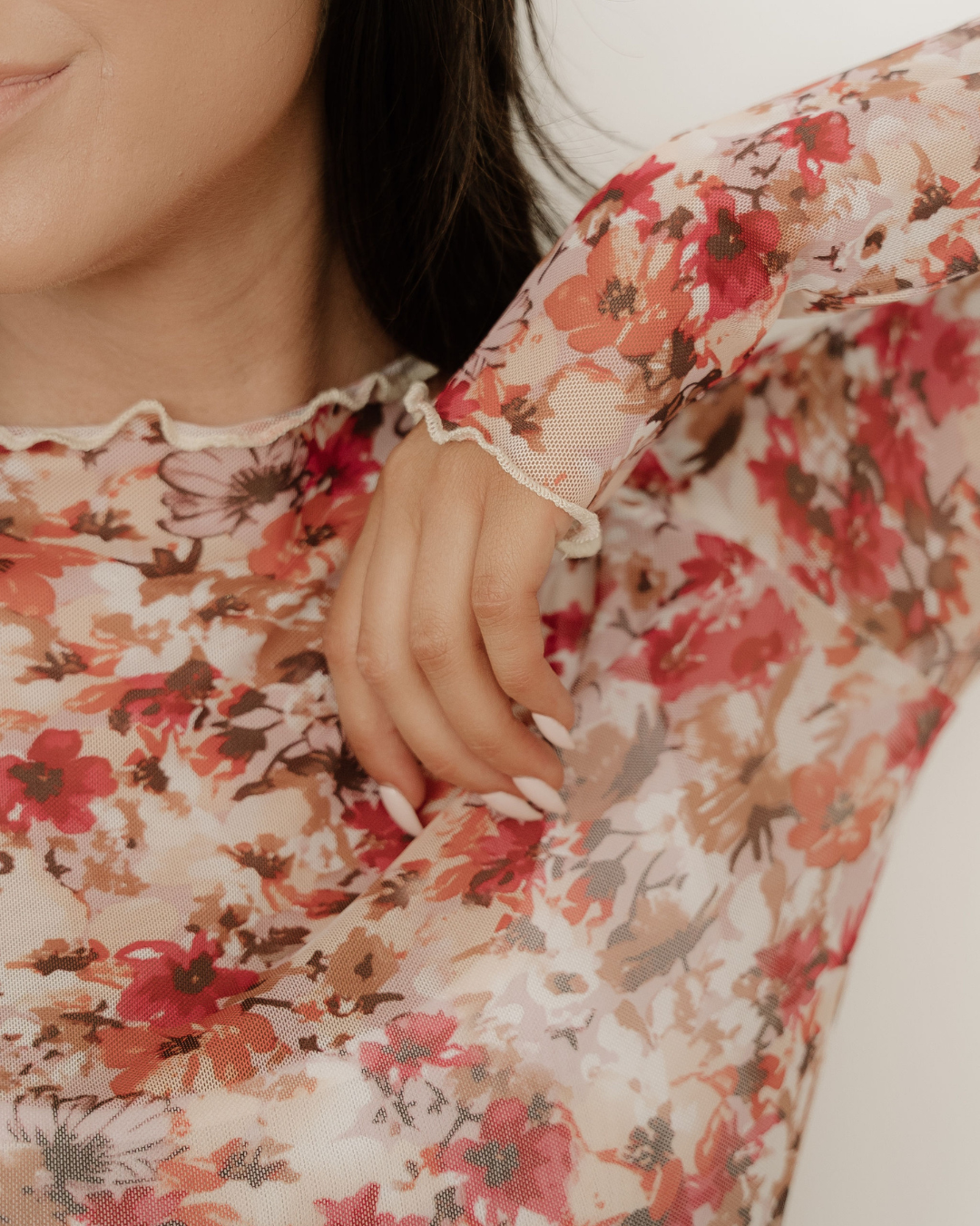 Elise Floral Print Mesh Long Sleeve Top