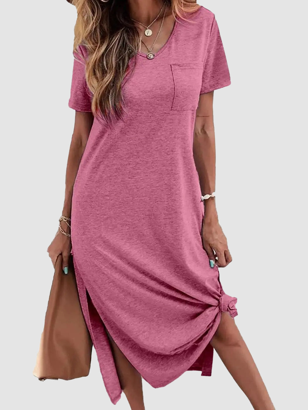 Casual Short Sleeve V Neck Maxi Dresses Loose Side Slit Long Tshirt Dress with Pocket