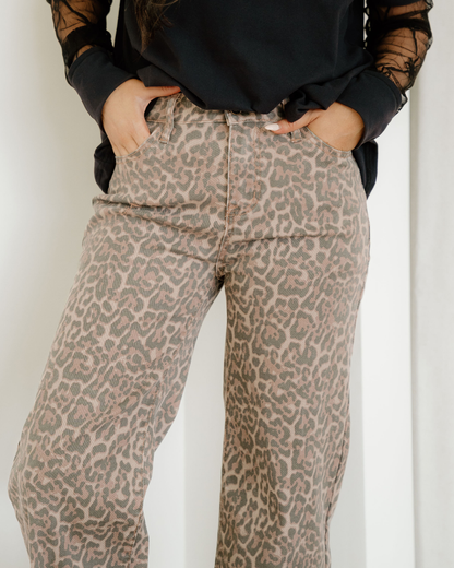 Emiliana Leopard Frayed Edge Wide Leg High Waist Jeans