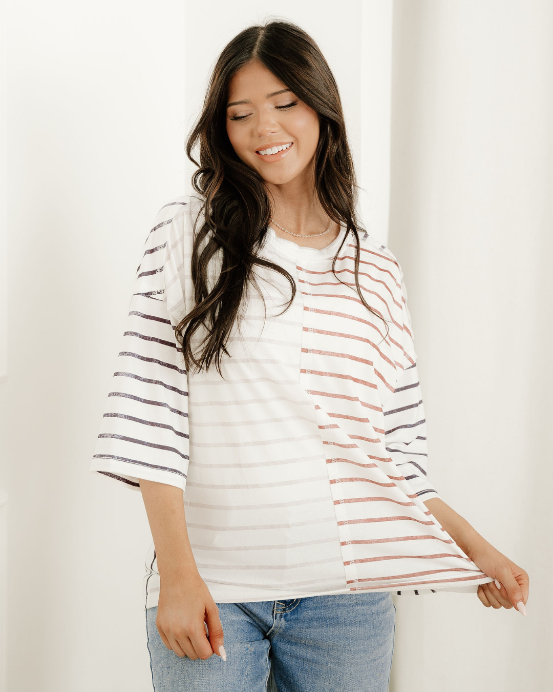 Danna Stripe Colorblock 3/4 Sleeve Loose T Shirt