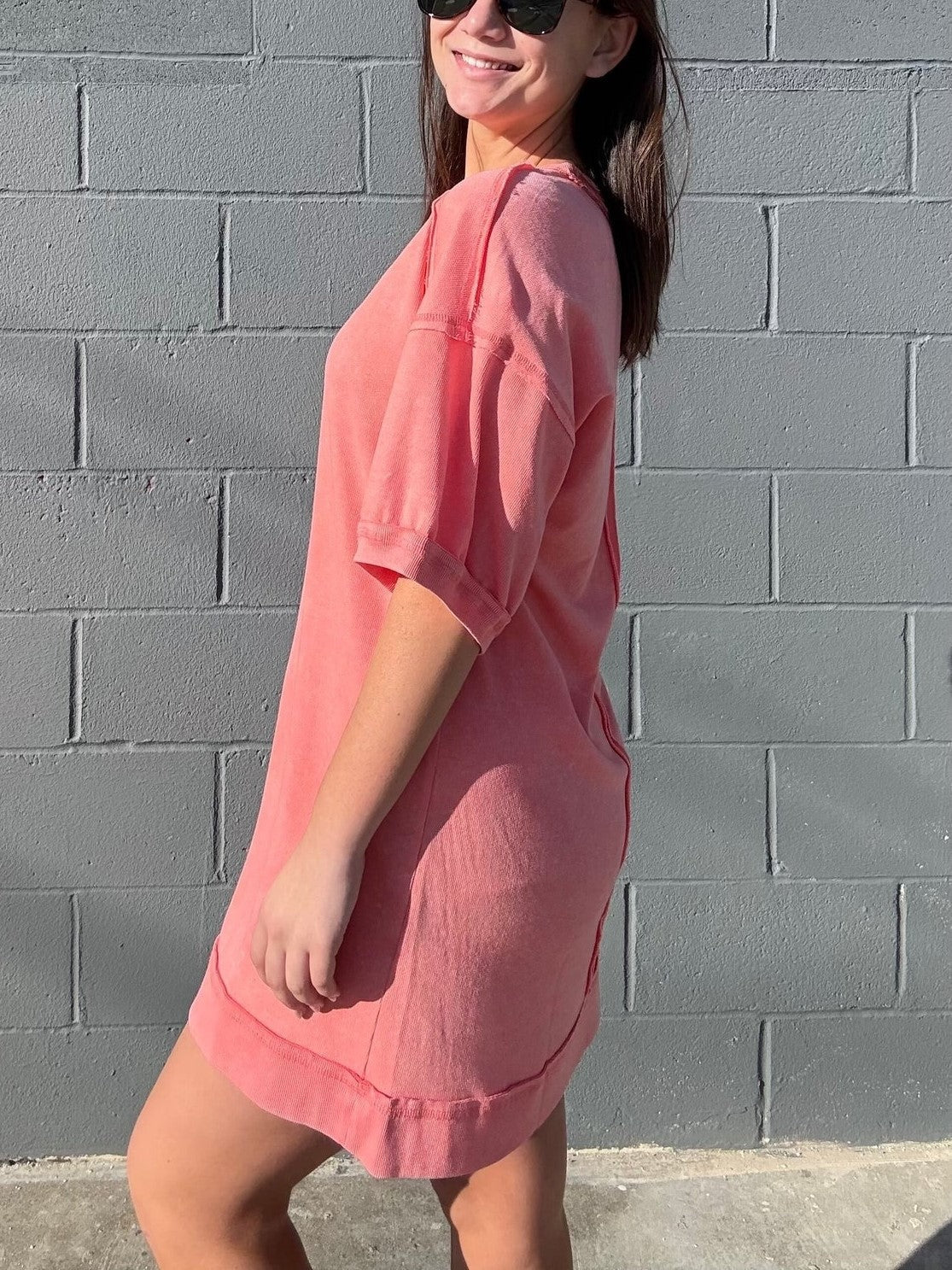 Washed Cotton Crew Neck Casual Mini Dress
