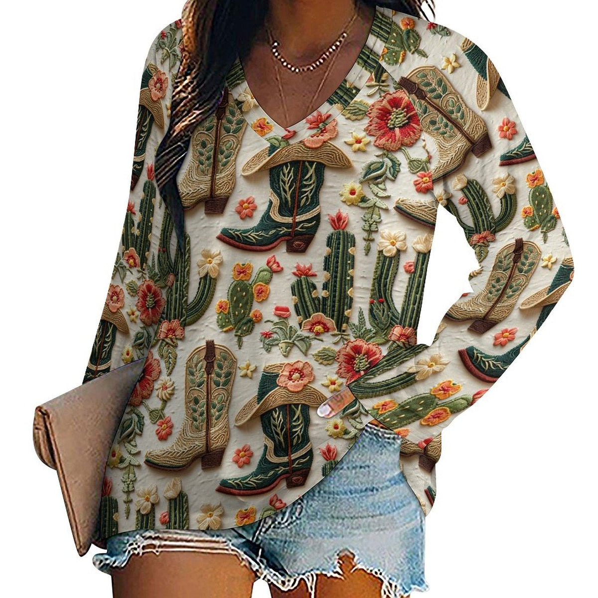 Baha Ranch Cactus and Boots Long Sleeve Top