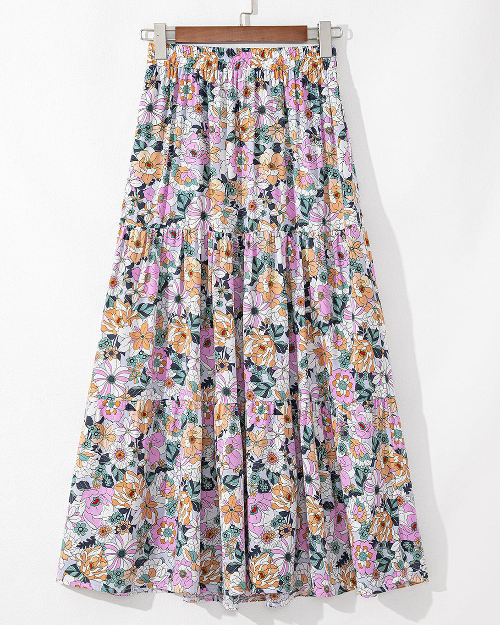 Alethea Bohemian Floral Print Tiered Maxi Skirt with Split - Sky Blue