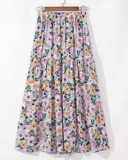 Alethea Bohemian Floral Print Tiered Maxi Skirt with Split - Sky Blue