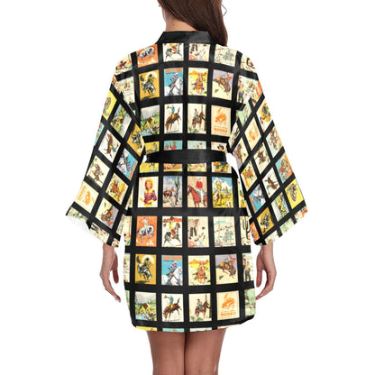 Baha Ranch Vintage Cowboy Collage Satin Kimono Robe