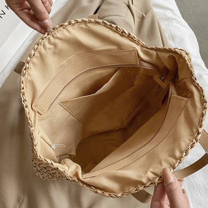 SSR Round Woven Tote Beach Bag - Beige