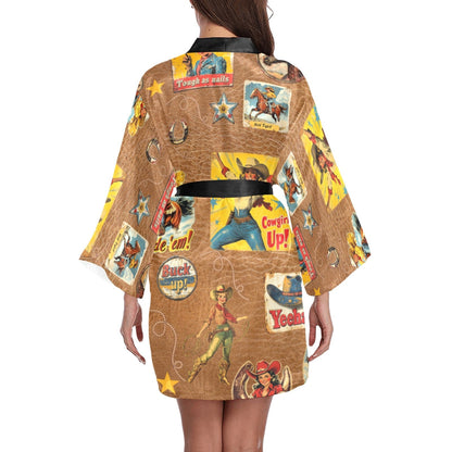 Baha Ranch Vintage Cowgirl Collage Kimono Satin Robe