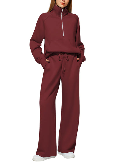 Women's Oversized Half Zip Wide Leg 2 Piece Outfits Lounge Set