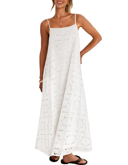 2026 Casual Sleeveless Floral Lace Eyelet Boho Beach Maxi Dress