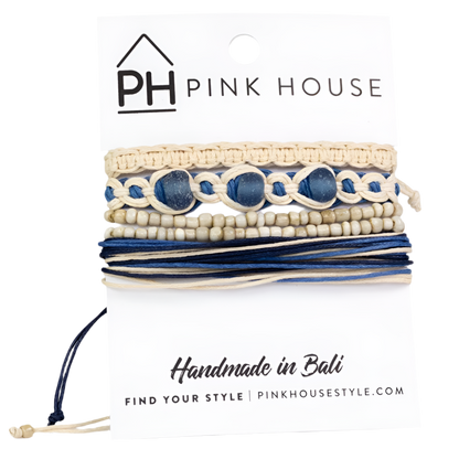 Pink House Arm Deco Beach Glass Pull Bracelets Set/4 - Blue