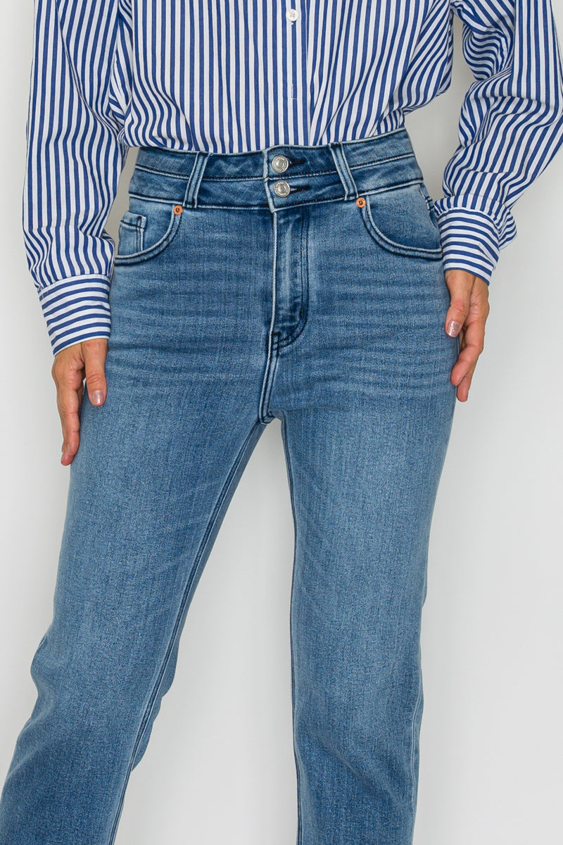 Altitude Heights Corset Double Waistband Straight Frayed Hem Jeans