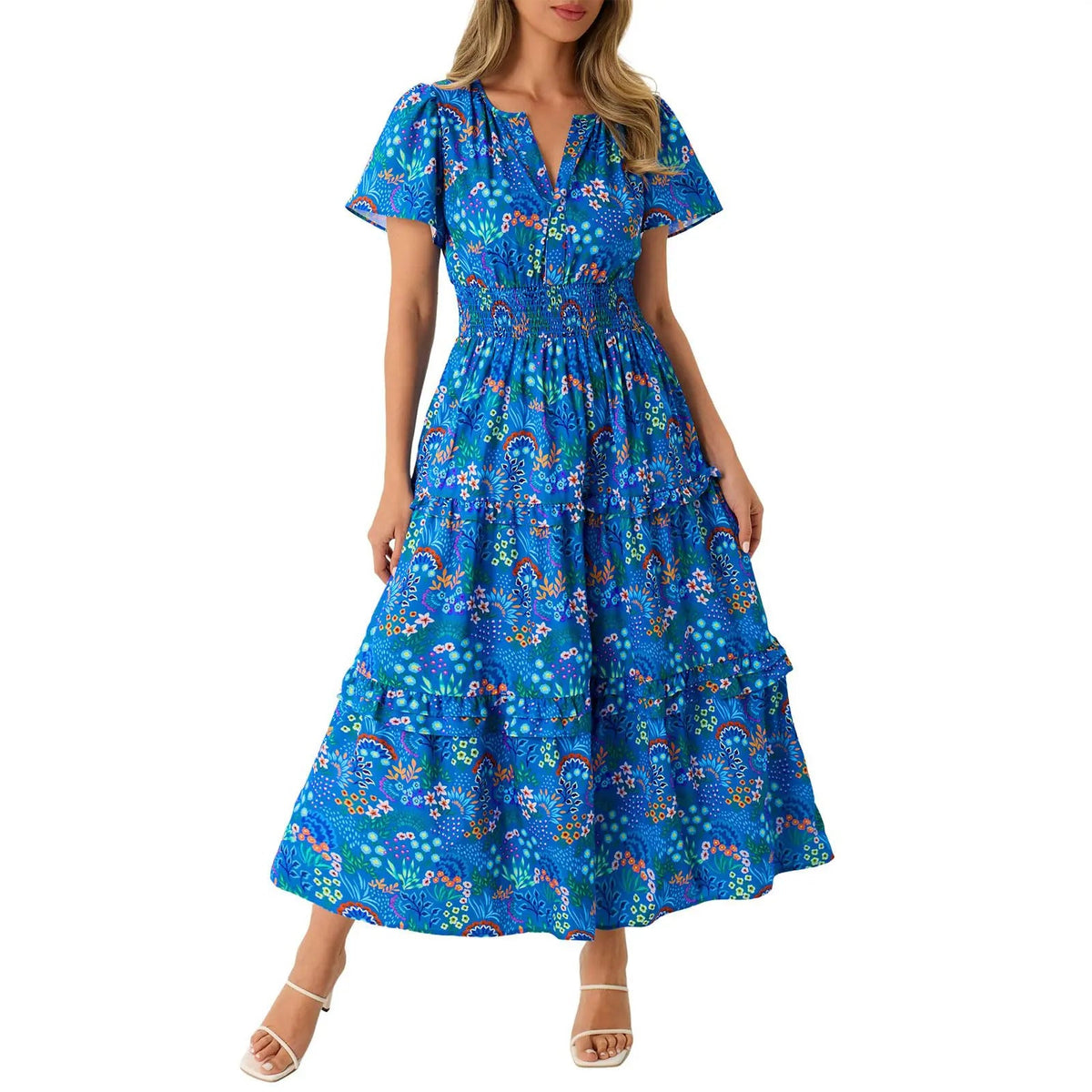 Women‘s Summer Short Sleeve Maxi Dresses Casual Floral