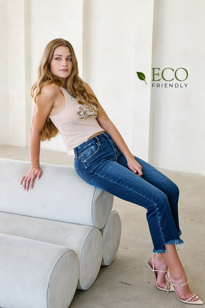 Eco Friendly Corset High Rise Crop Flare Jeans (Dark Wash)