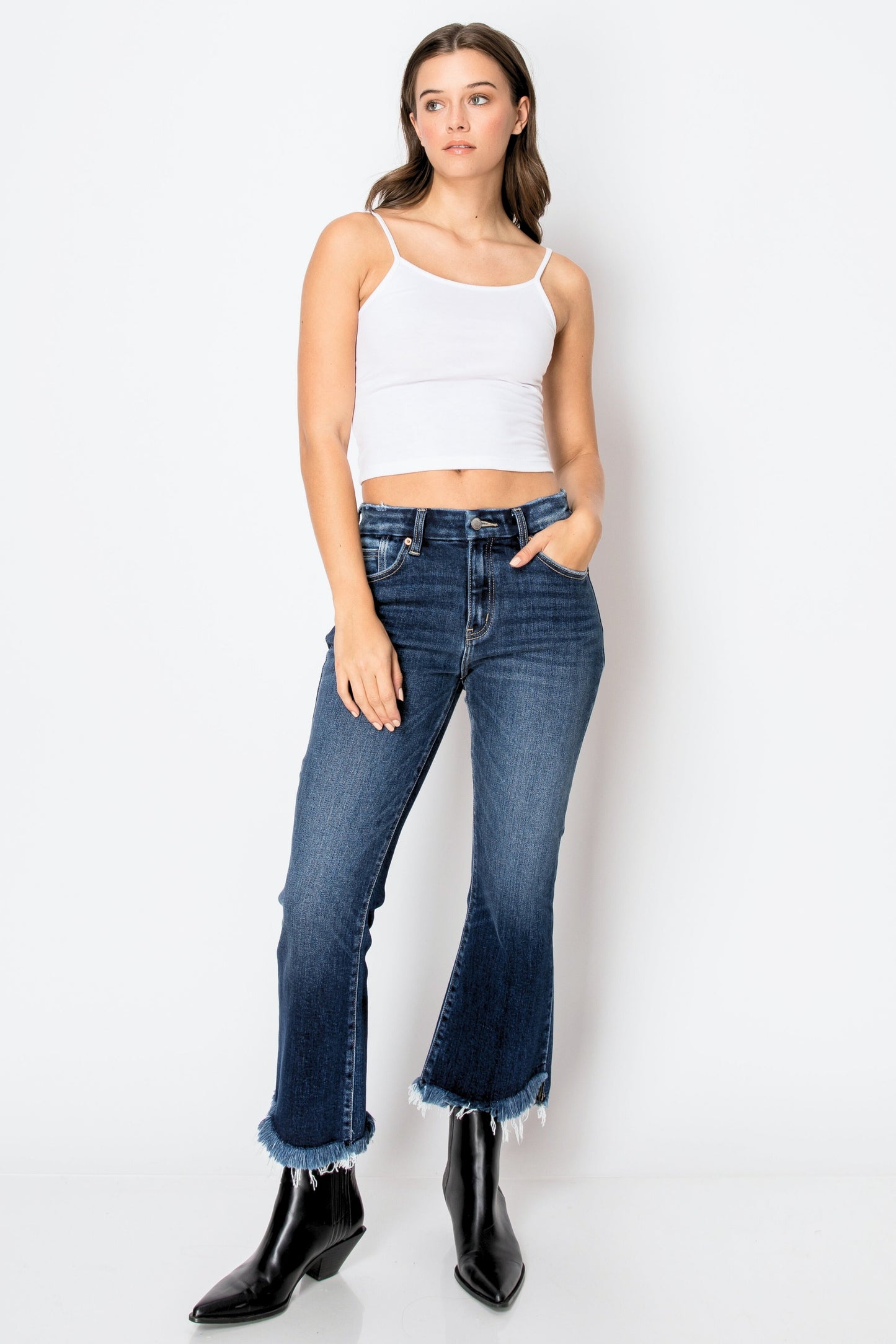 Eco Friendly Corset High Rise Crop Flare Jeans (Dark Wash)