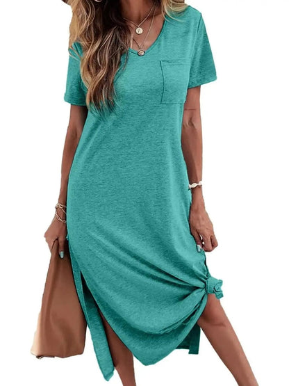 Casual Short Sleeve V Neck Maxi Dresses Loose Side Slit Long Tshirt Dress with Pocket
