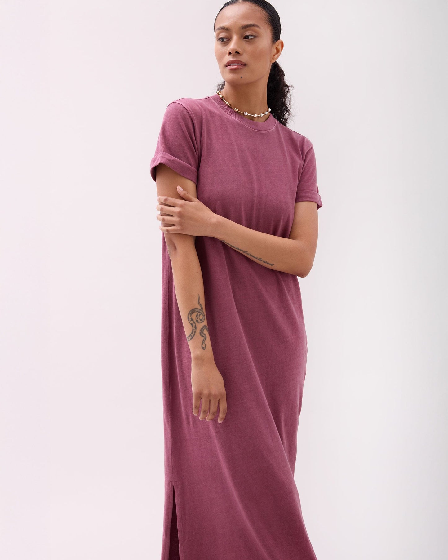Womens Relaxed Tee Maxi Dress - Pigment Dye Jersey - Burgundy