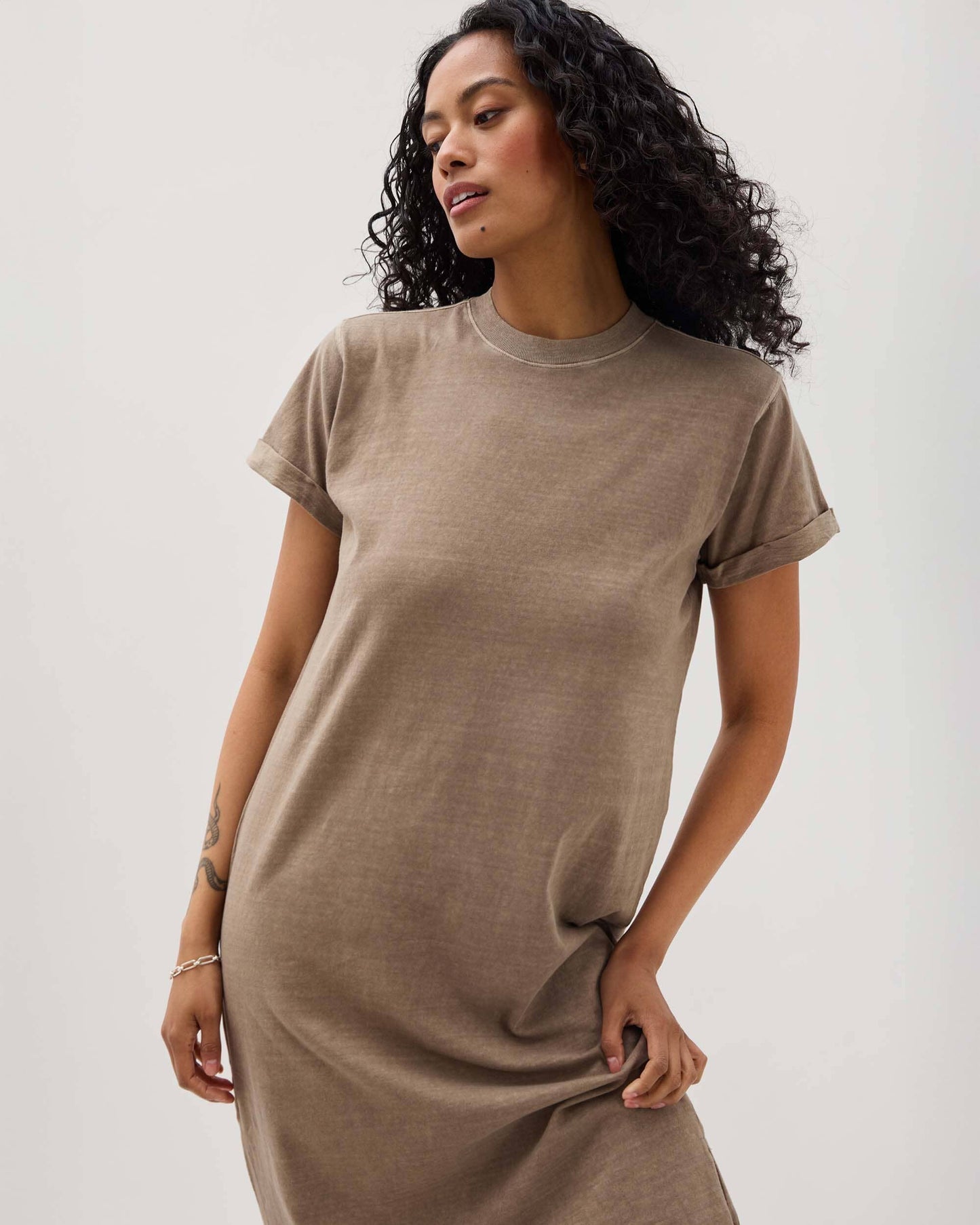 Womens Relaxed Tee Maxi Dress - Pigment Dye Jersey - Warm Grey
