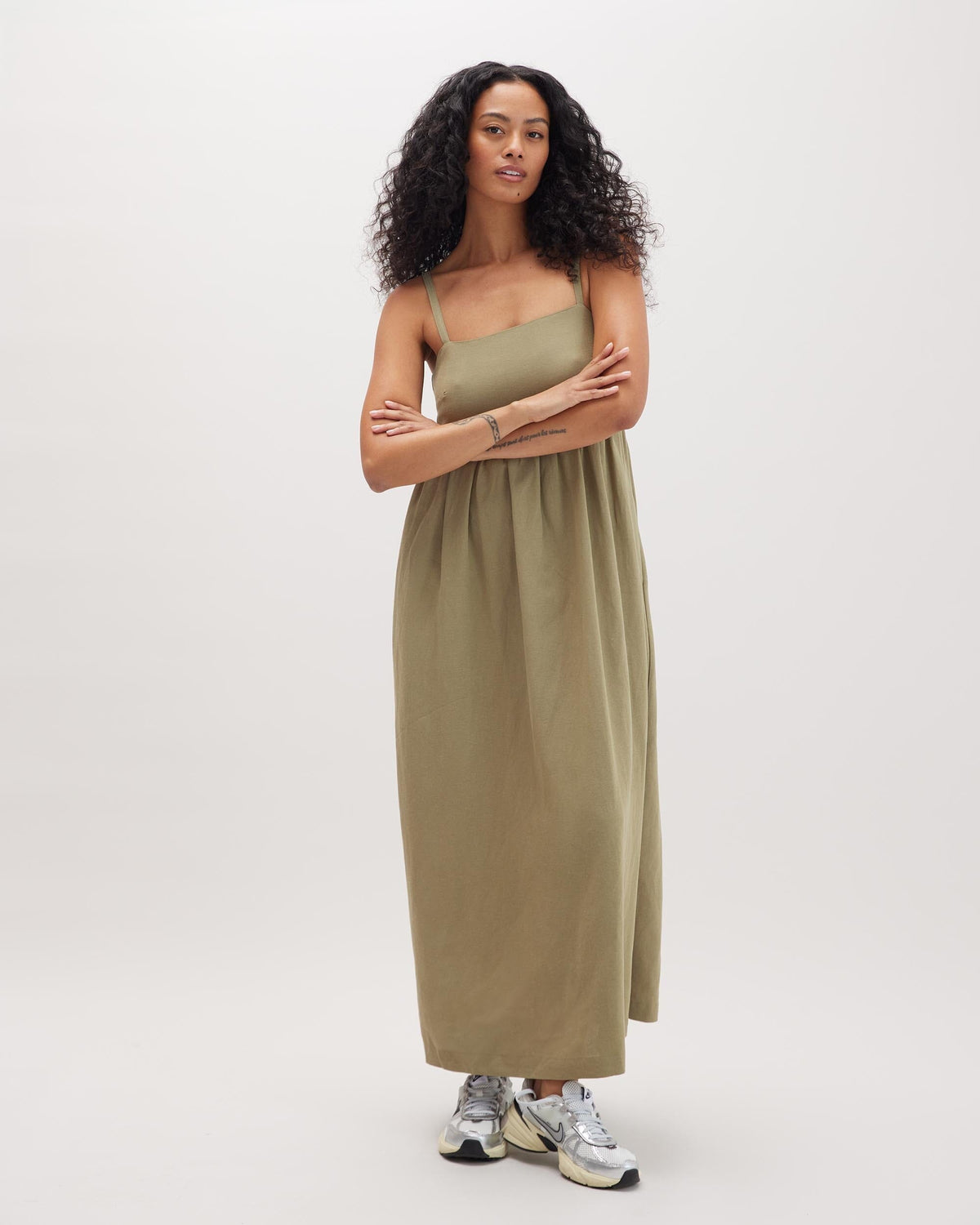 Womens Linen Maxi Dress - Rayon Linen Woven - Dried Sage