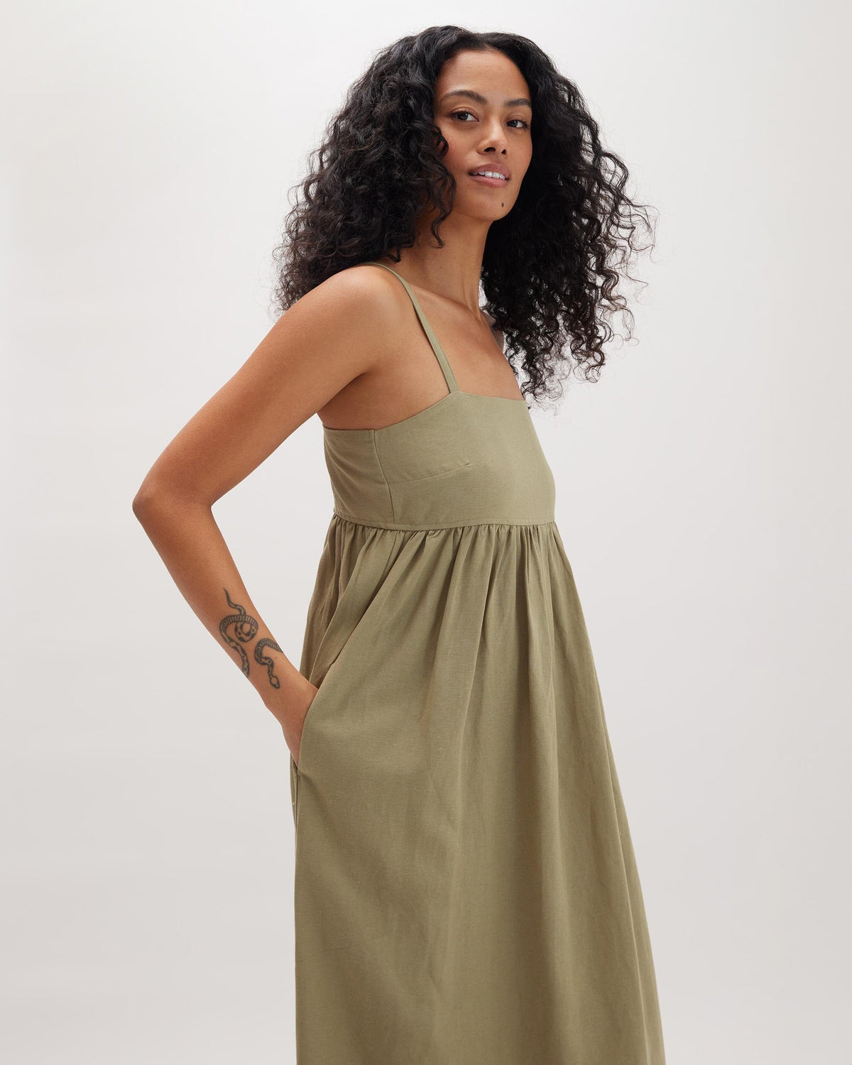 Womens Linen Maxi Dress - Rayon Linen Woven - Dried Sage